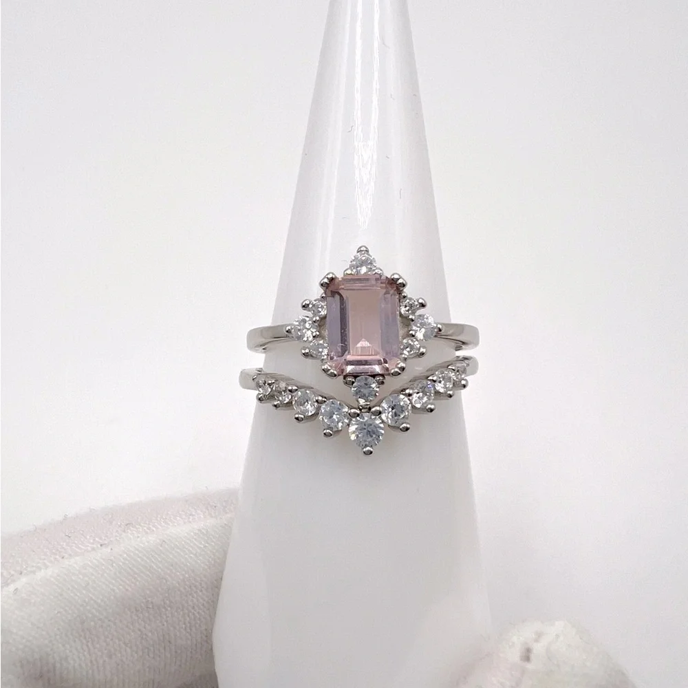 .925 Sterling Silver Light Morganite Cz & Clear Cz 2 PC Ring Set - Picture 17 of 17